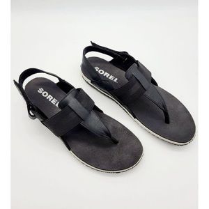 Sorel Out and About Leather Thong Slingback Sandal in Black